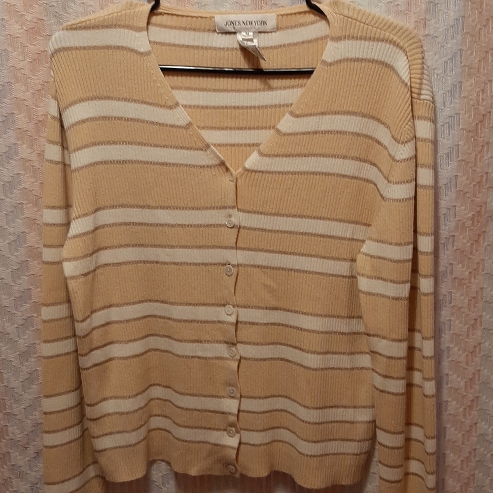 Beige and White Striped Button Front Neutral Cardigan Casual Office Work Wear